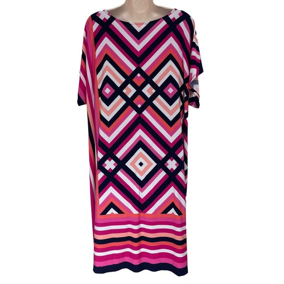 Size 2X 18 20 GEOMETRIC PRINTED DOLMAN SHIFT DRESS Day/Evening Party PLUS SIZE - Picture 3 of 4